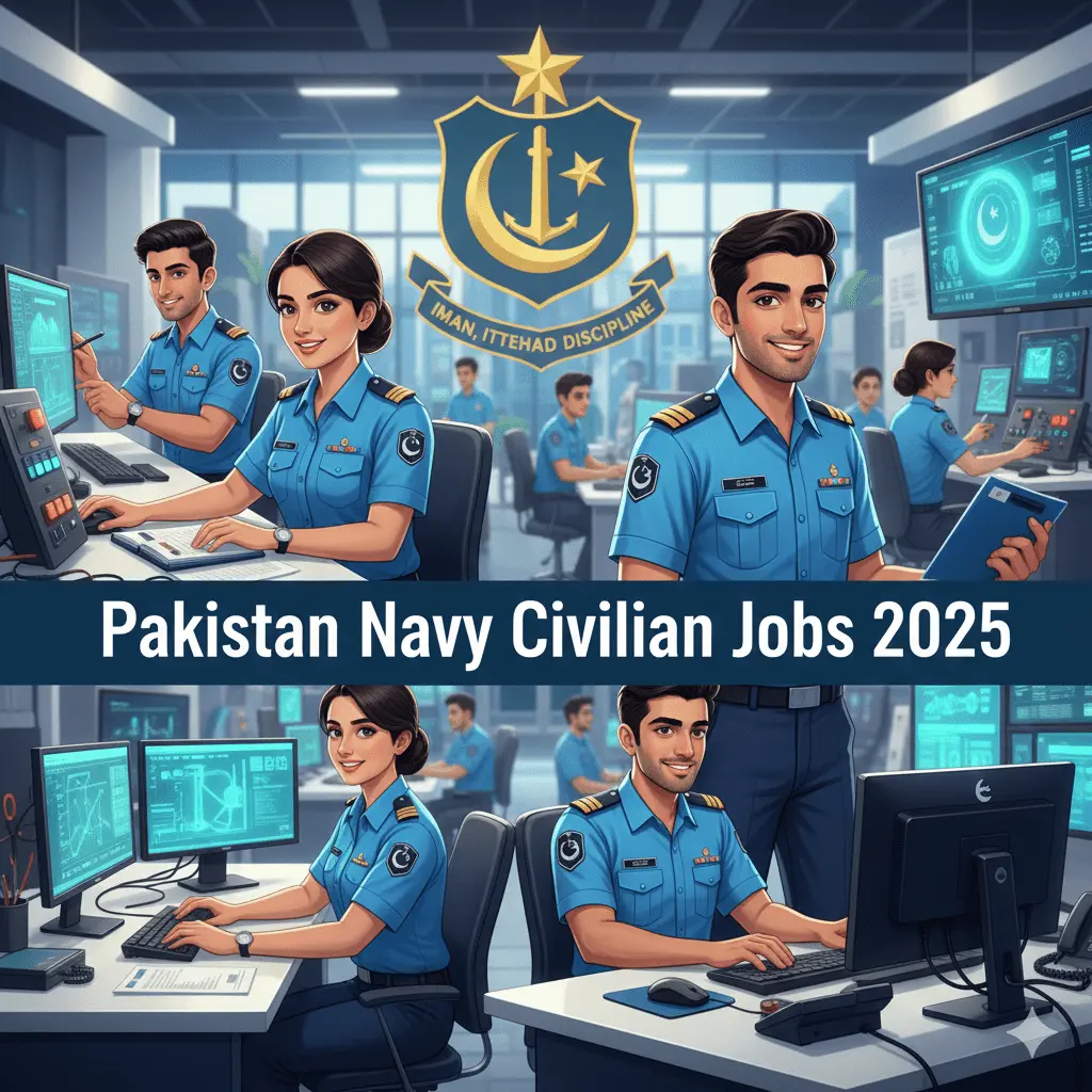 Apply for Pakistan Navy Civilian Jobs 2025 – Young Pakistani men and women in Navy civilian uniforms smiling and working