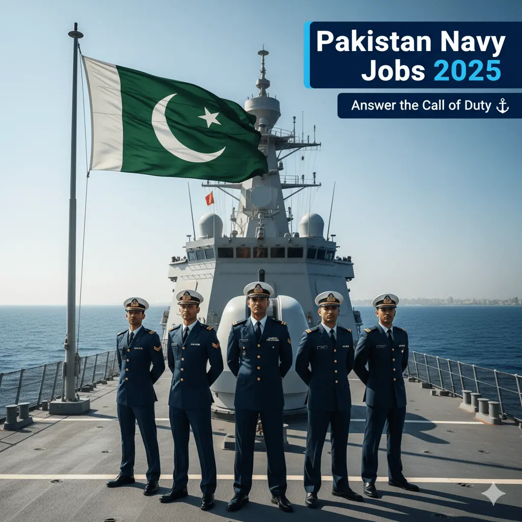 Pakistan Navy Jobs 2025 recruitment banner showing navy officers, ship, and national flag