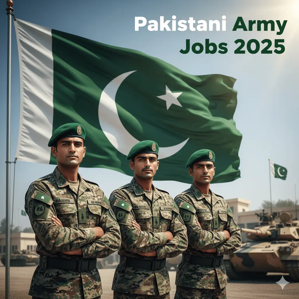 Pakistani Army Job 2025 recruitment image showing soldiers in uniform for official job advertisement.