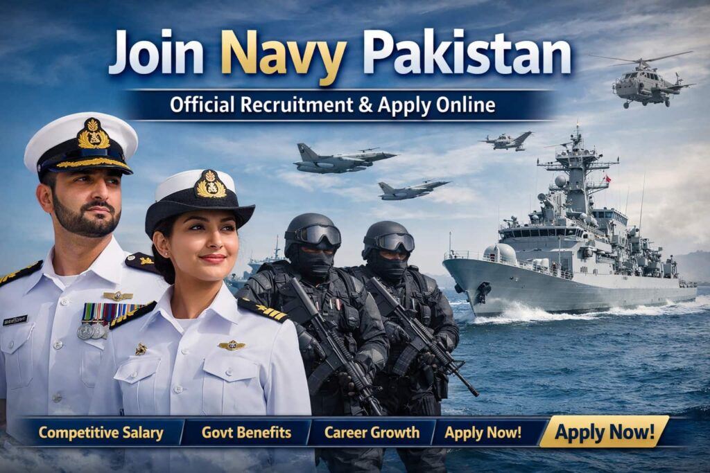 Join P A F Pakistan Air Force recruitment image showing male and female officers with fighter jets highlighting eligibility salary and online application