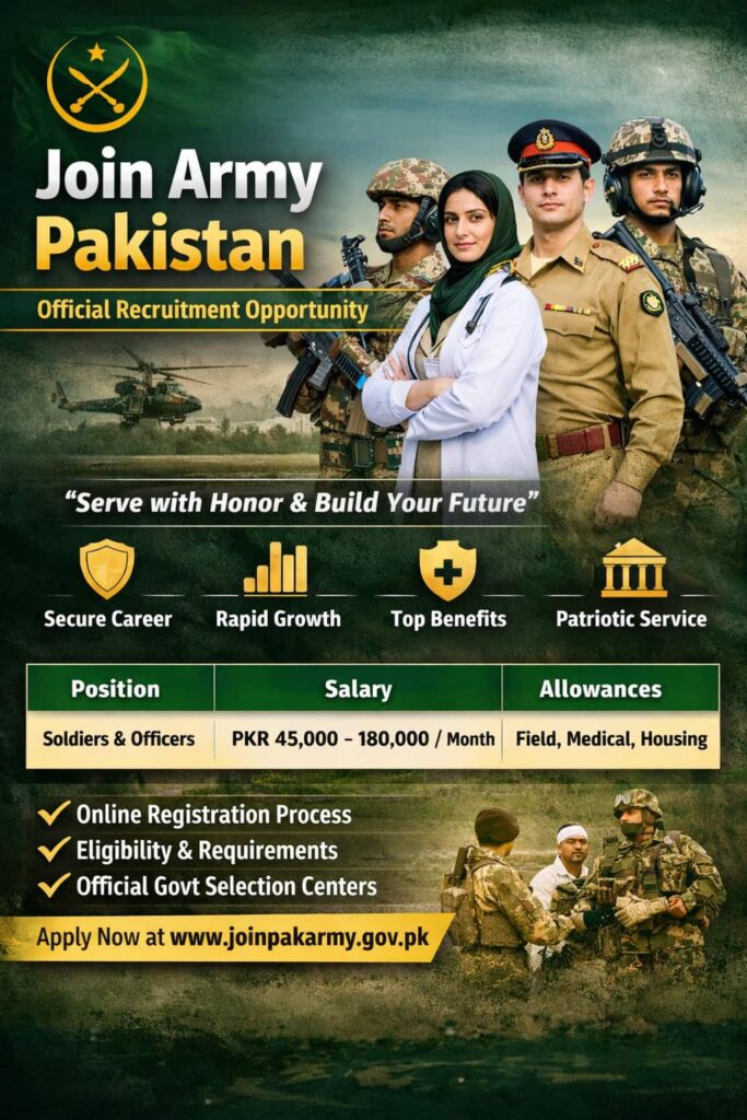 Join Army Pakistan official recruitment guide image showing Pakistan Army personnel, eligibility, salary benefits, job security, and online application steps.