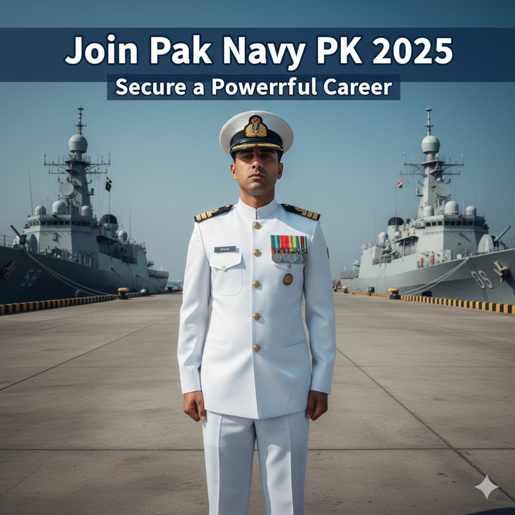 Join Pak Navy PK 2025 recruitment showing Pakistan Navy officers promoting government job opportunities in Pakistan with online application process
