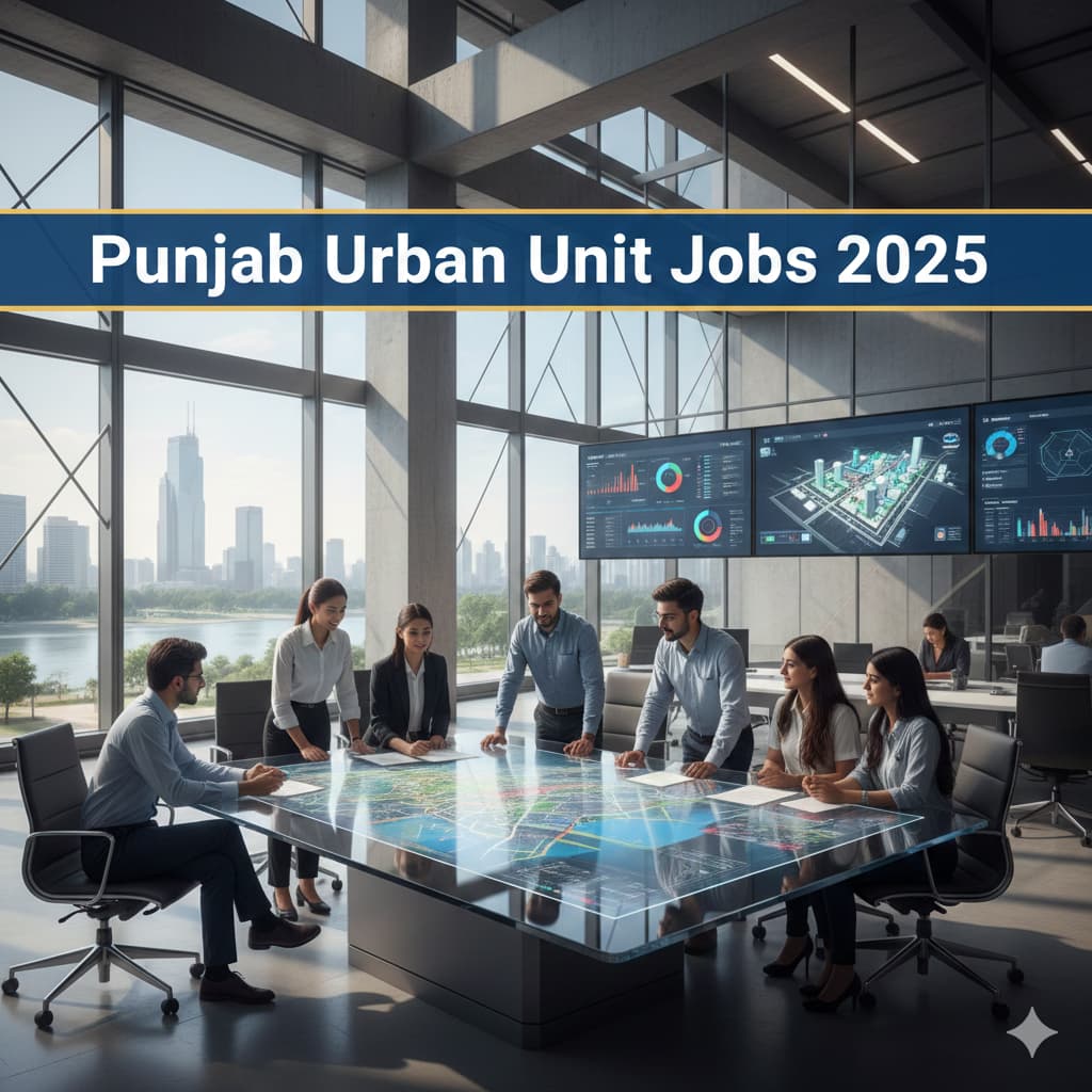 High-quality thumbnail showing Punjab Urban Unit Jobs 2025 with urban planning, GIS mapping, and government career visuals.
