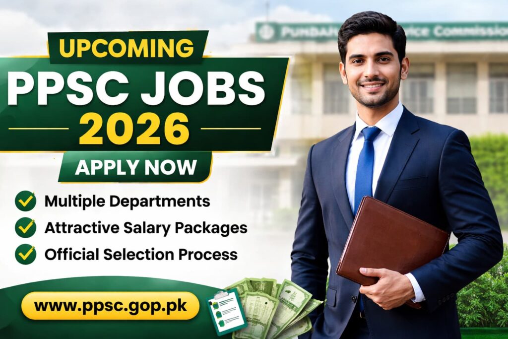 Upcoming PPSC Jobs 2026 thumbnail showing official Punjab Public Service Commission recruitment with apply online guidance, eligibility, salary, and career growth highlights