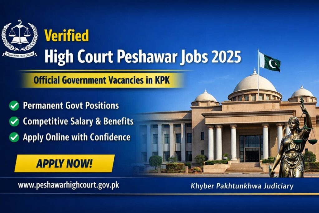 Verified High Court Peshawar jobs 2025 banner showing Peshawar High Court building with official government recruitment announcement for Khyber Pakhtunkhwa