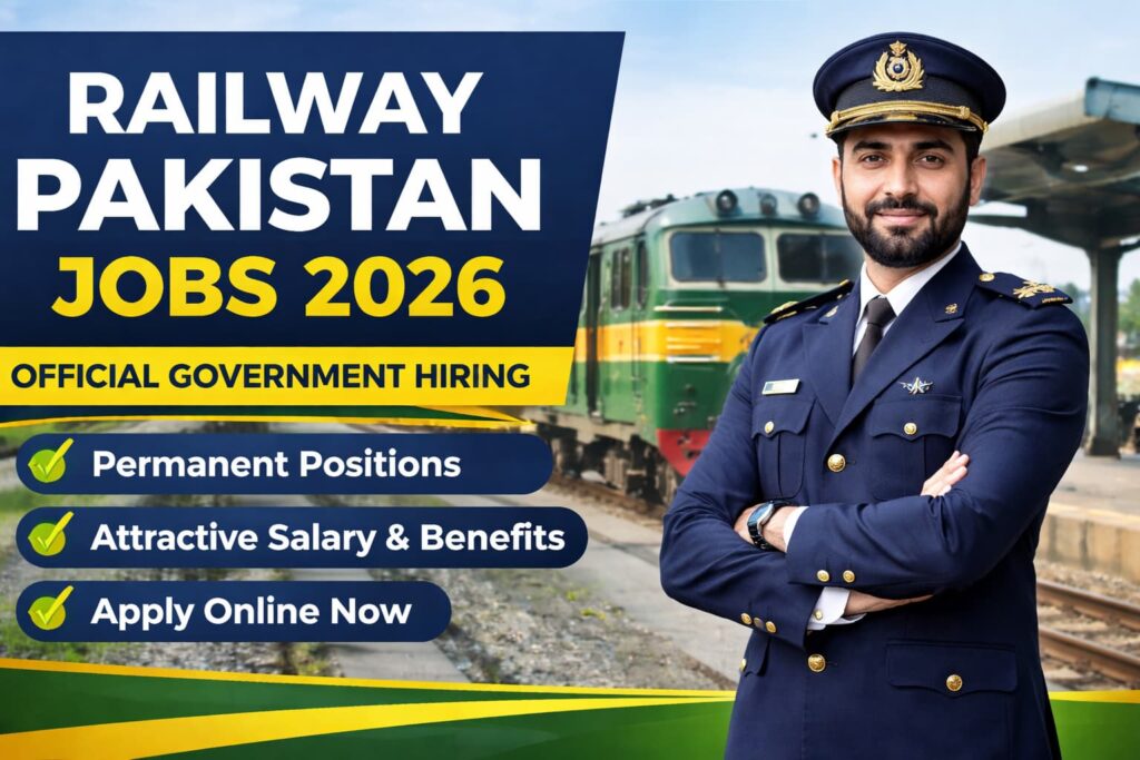 Verified railway pakistan jobs thumbnail showing Pakistan Railways train with official apply guide and government hiring details