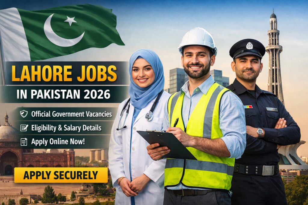 Lahore jobs in Pakistan 2026 banner showing government and public sector professionals with Apply Securely message