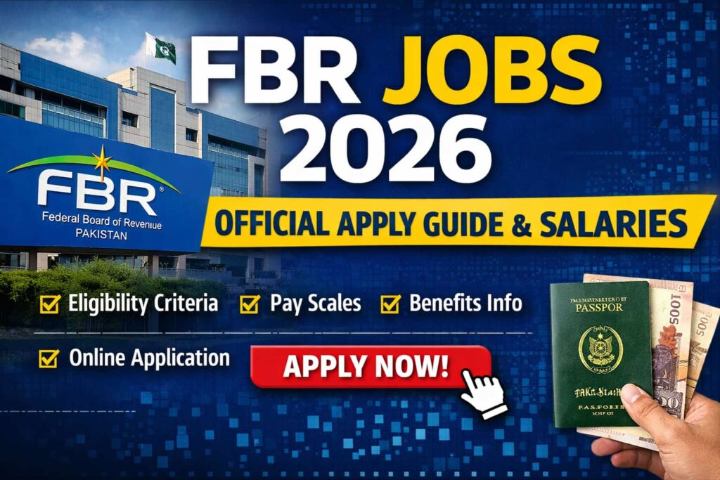 FBR jobs 2026 thumbnail showing a Federal Board of Revenue officer with headquarters background, highlighting verified federal government career opportunities in Pakistan.
