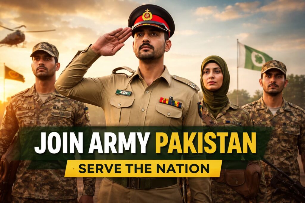 Official Join Army Pakistan 2026 recruitment banner showing Pakistan Army soldiers, eligibility, salary, and apply online information.