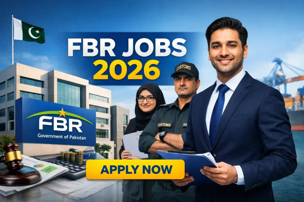 Verified FBR Jobs 2026 thumbnail showing Federal Board of Revenue building, customs and revenue officers, and apply now call to action for federal careers in Pakistan