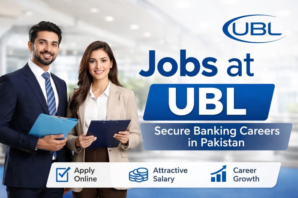 Verified Jobs at UBL banking careers image showing professional staff in a modern bank office environment in Pakistan