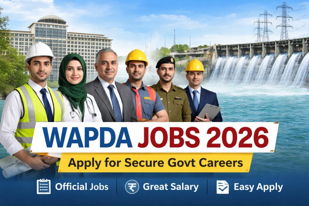 WAPDA Jobs 2026 government recruitment banner showing engineers and officers with apply guide, salary details, and eligibility information in Pakistan