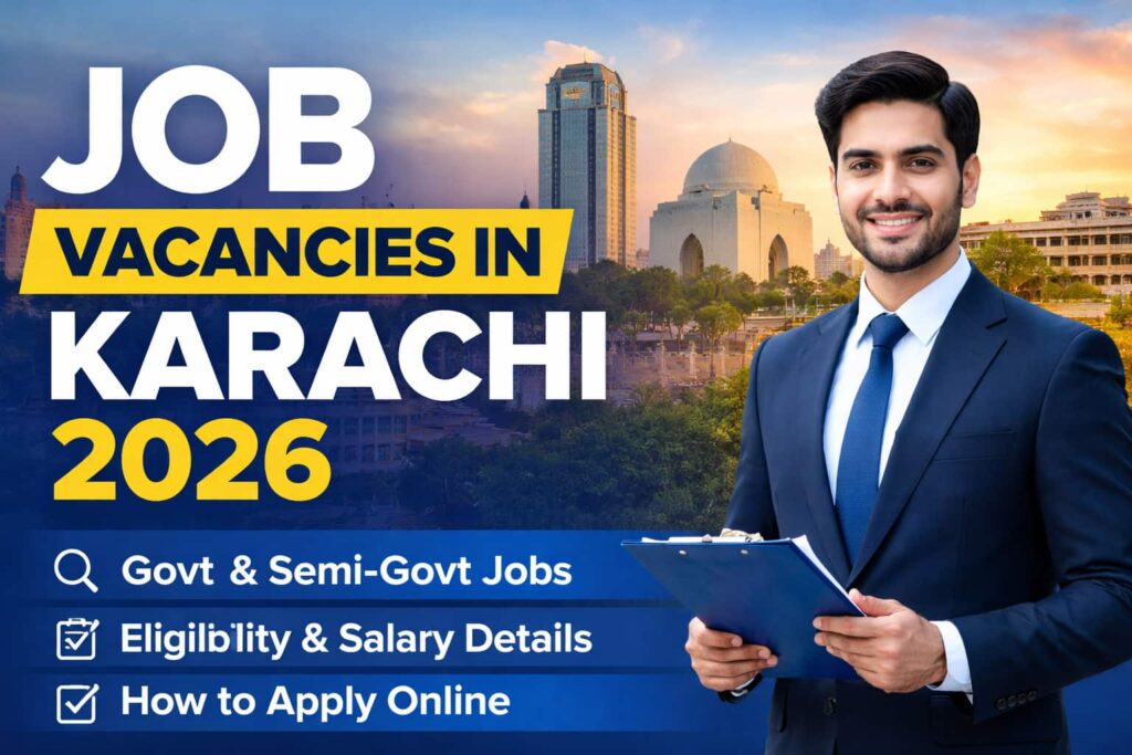 Job Vacancies in Karachi 2026 banner showing government and semi-government jobs, eligibility, salary details, and online apply guide