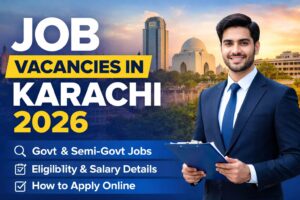 Job Vacancies in Karachi 2026 banner showing government and semi-government jobs, eligibility, salary details, and online apply guide