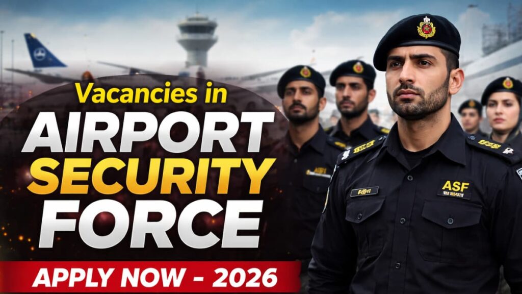 Vacancies in Airport Security Force 2026 official recruitment thumbnail showing ASF officers at airport with apply details