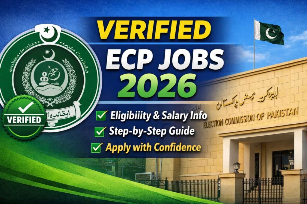 Verified ECP Jobs 2026 thumbnail showing Election Commission of Pakistan building, official emblem, and text highlighting federal recruitment, eligibility, and application guidance.