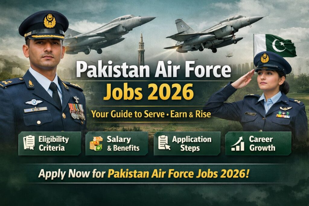 Verified Pakistan Air Force Jobs 2026 promotional banner showing PAF officers, fighter jets, and application highlights including eligibility, salary, and apply process.